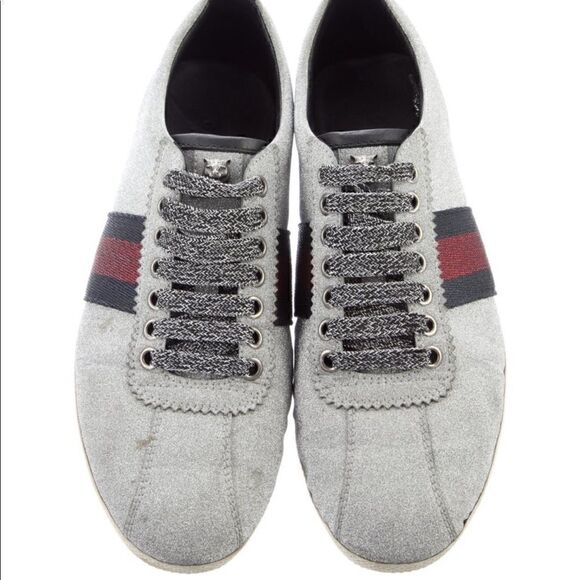 Gucci web silver sneakers size 7.5 - Picture 2 of 13